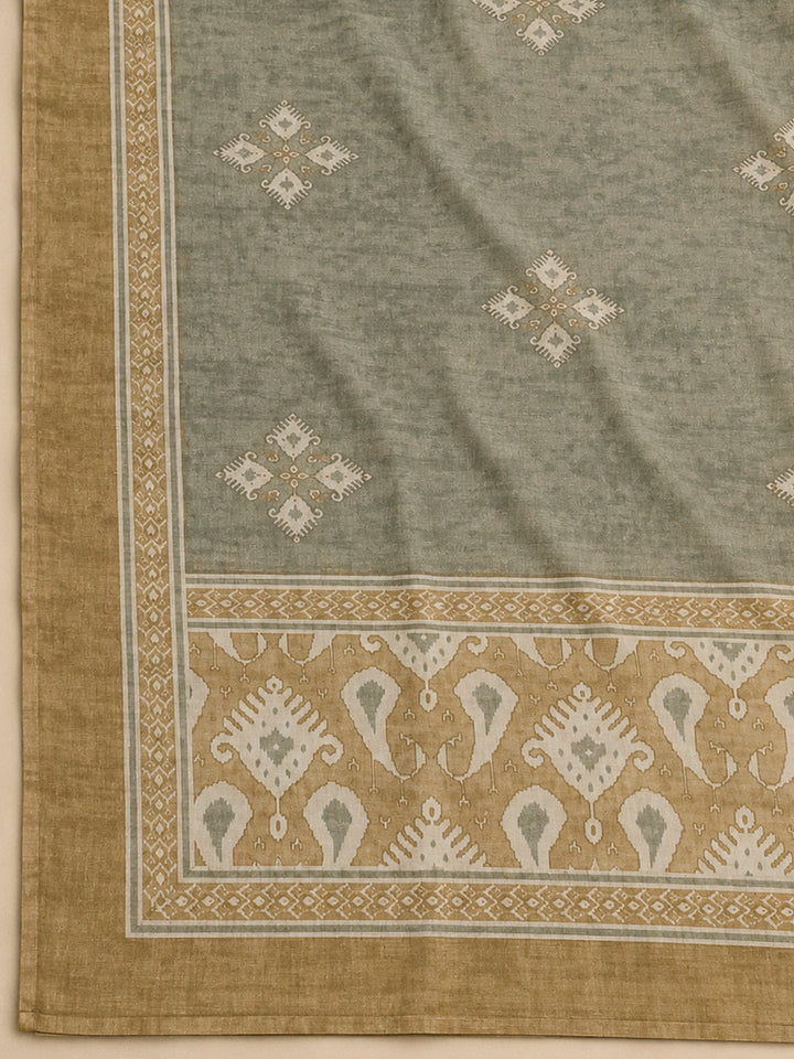 Beige Chanderi Printed Unstitched Dress Material