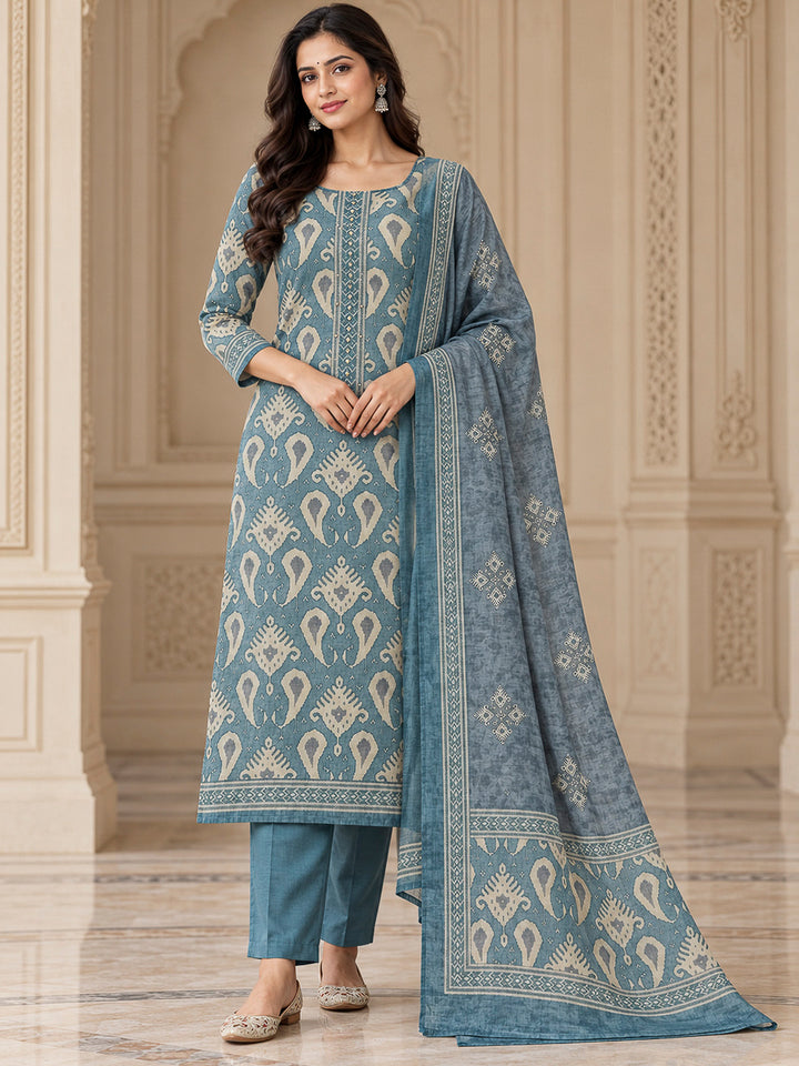 Blue Chanderi Printed Unstitched Dress Material