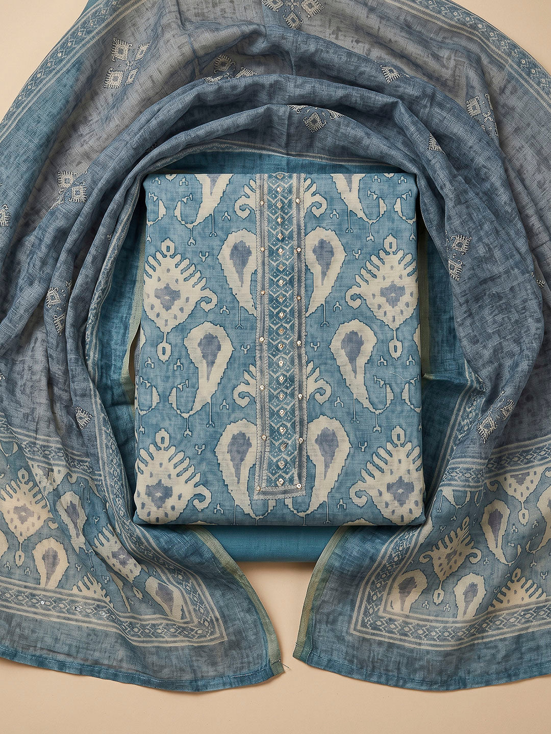 Blue Chanderi Printed Unstitched Dress Material