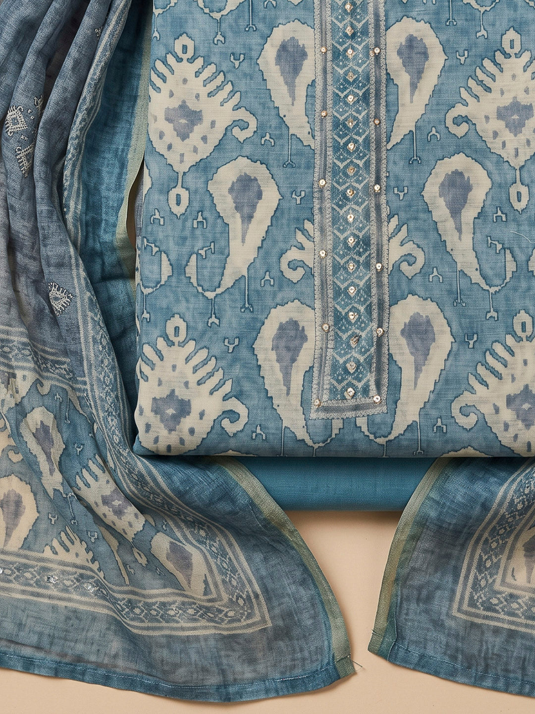 Blue Chanderi Printed Unstitched Dress Material