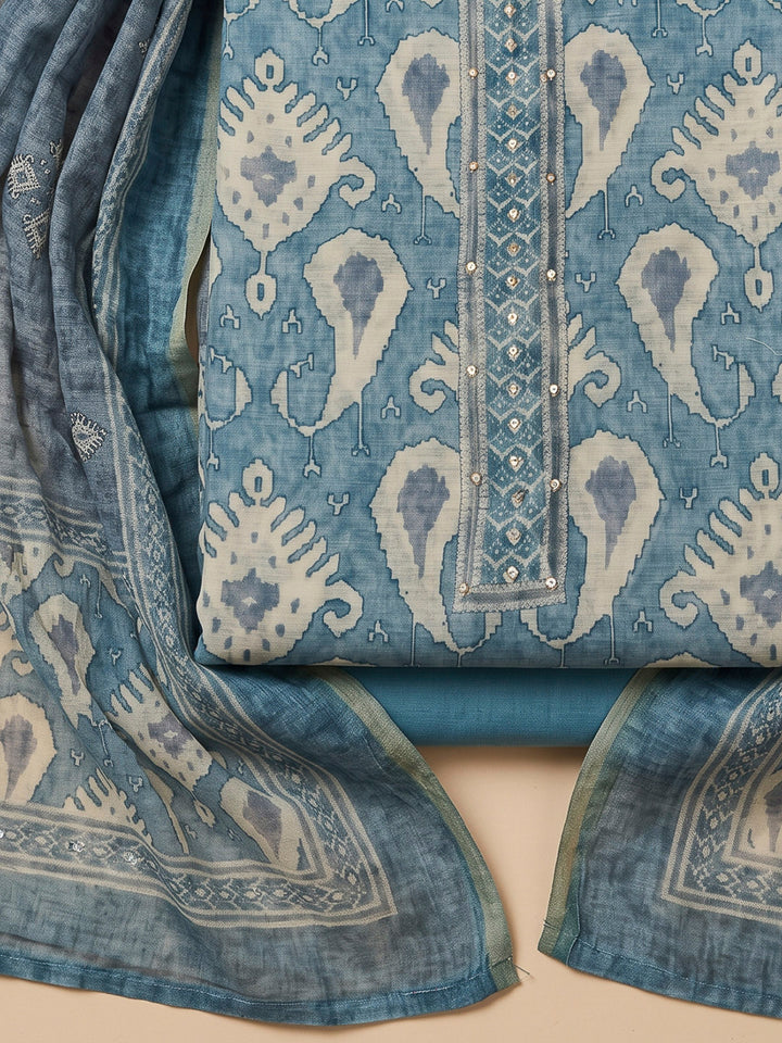 Blue Chanderi Printed Unstitched Dress Material