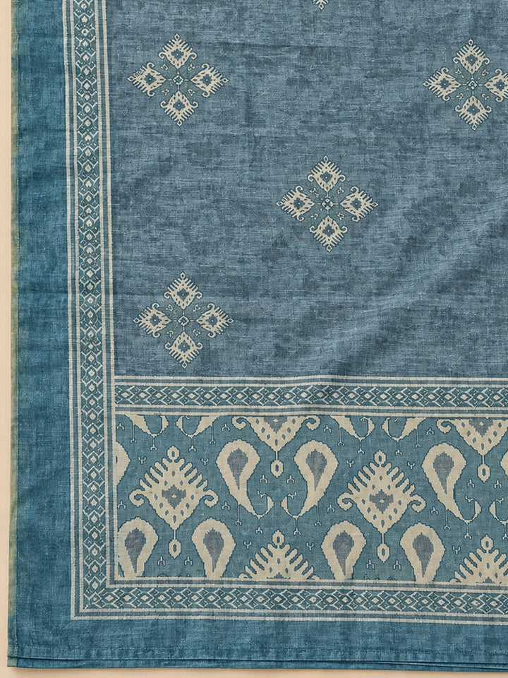 Blue Chanderi Printed Unstitched Dress Material