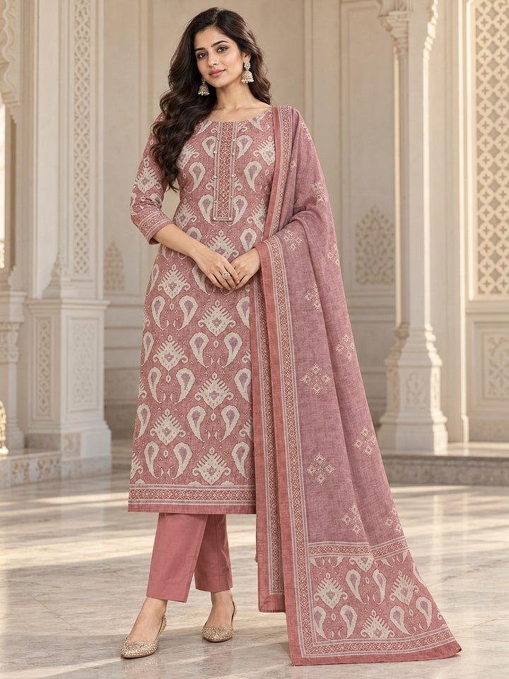 Onion Pink Chanderi Printed Unstitched Dress Material