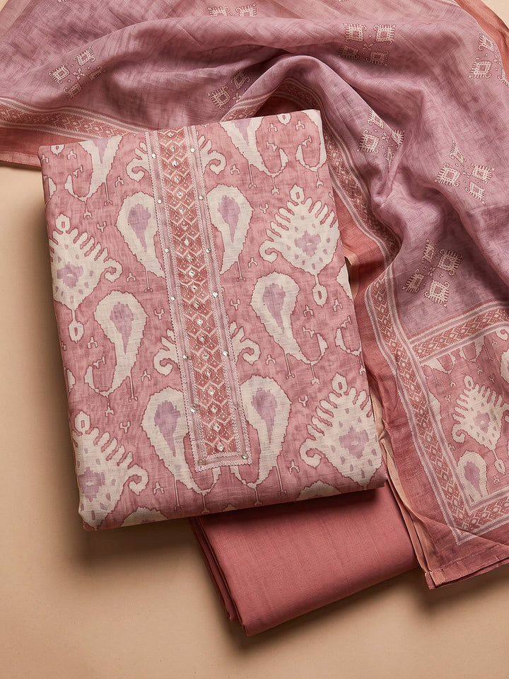 Onion Pink Chanderi Printed Unstitched Dress Material