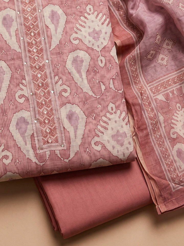 Onion Pink Chanderi Printed Unstitched Dress Material