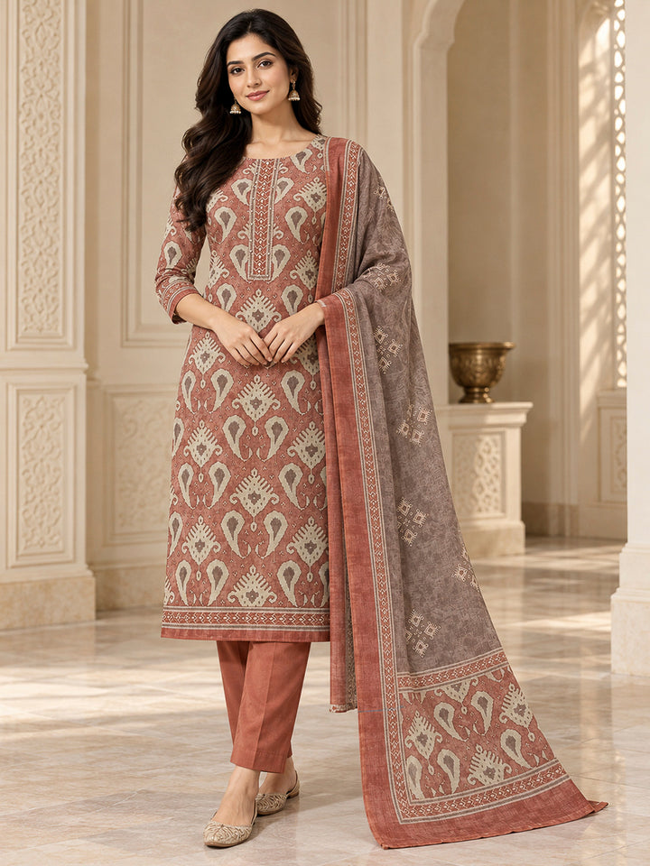 Peach Chanderi Printed Unstitched Dress Material