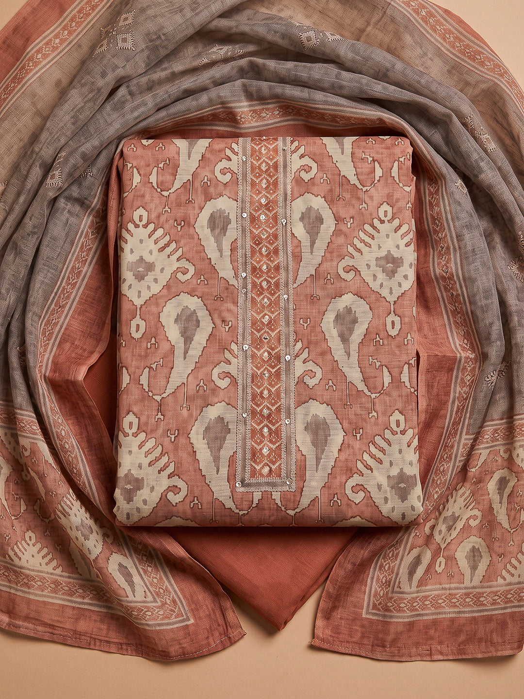 Peach Chanderi Printed Unstitched Dress Material