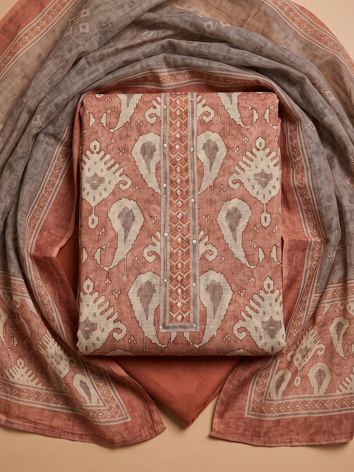 Peach Chanderi Printed Unstitched Dress Material