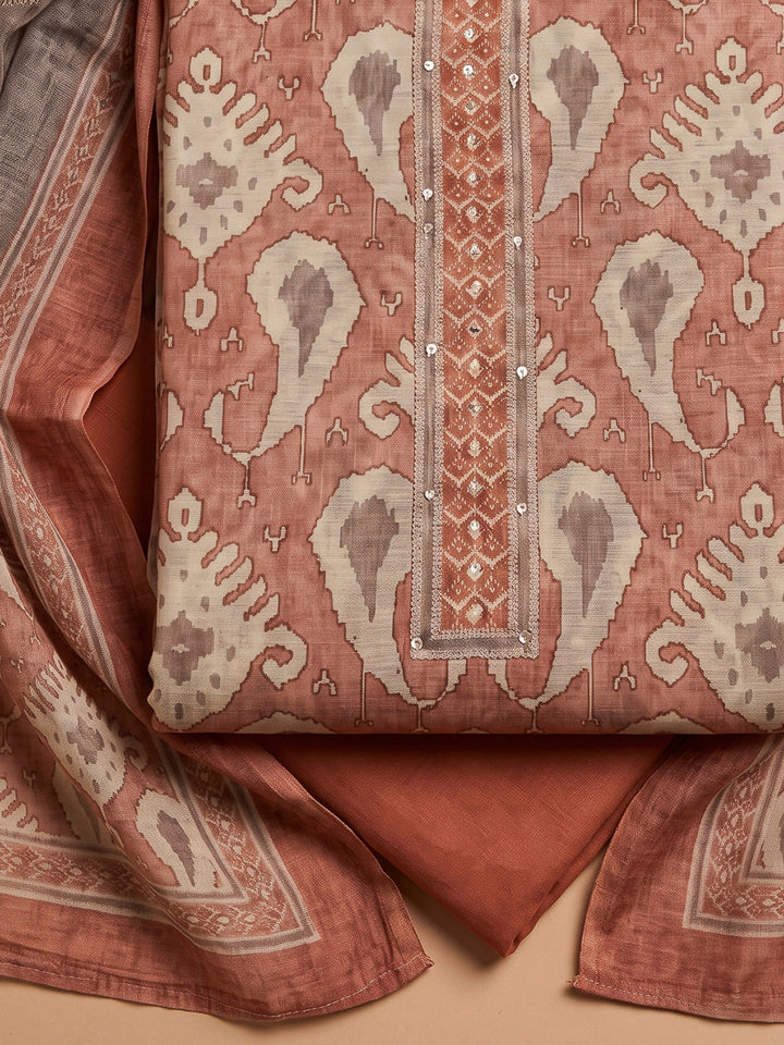 Peach Chanderi Printed Unstitched Dress Material