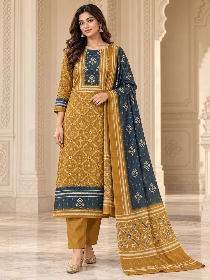 Mustard Chanderi Embroidered Unstitched Dress Material