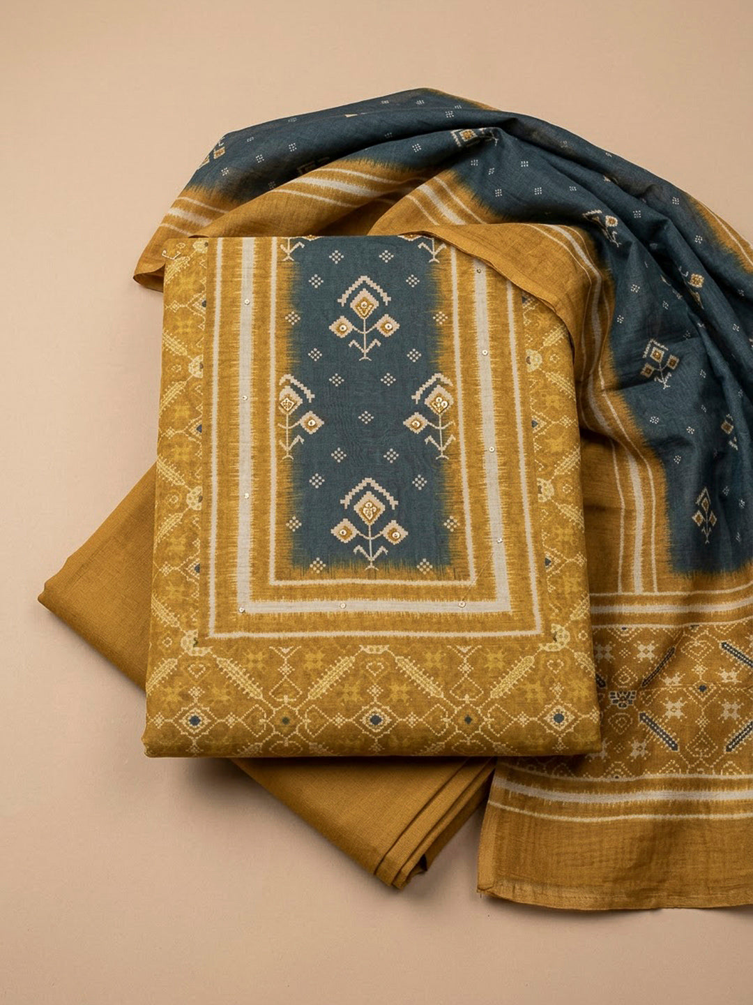 Mustard Chanderi Embroidered Unstitched Dress Material