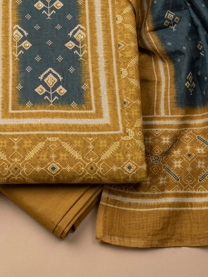 Mustard Chanderi Embroidered Unstitched Dress Material