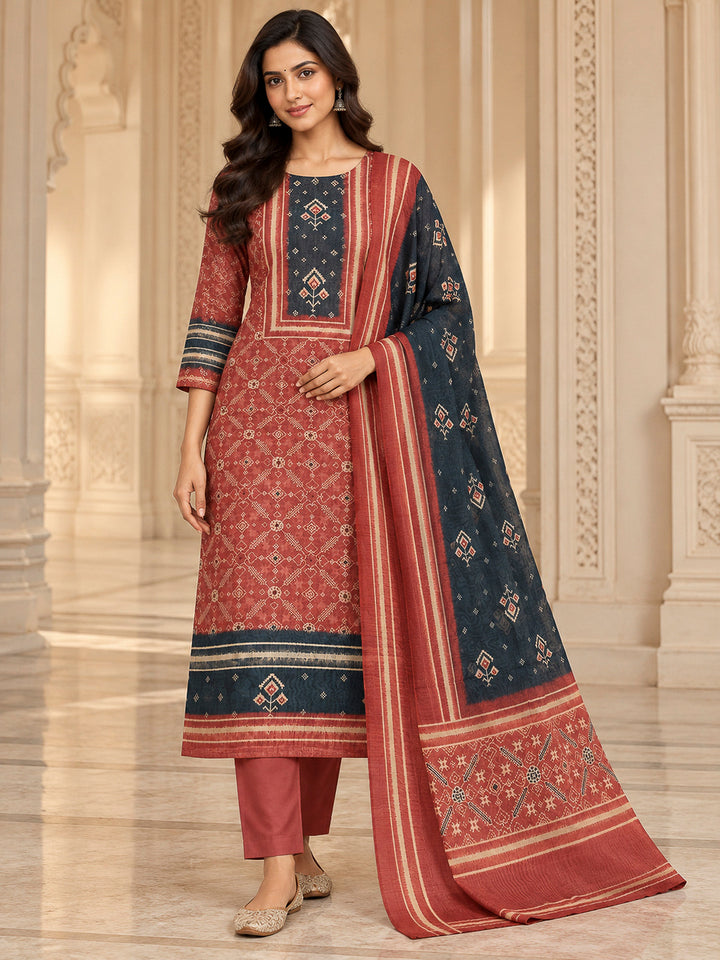 Onion Pink Chanderi Embroidered Unstitched Dress Material