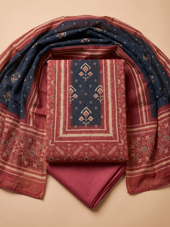 Onion Pink Chanderi Embroidered Unstitched Dress Material