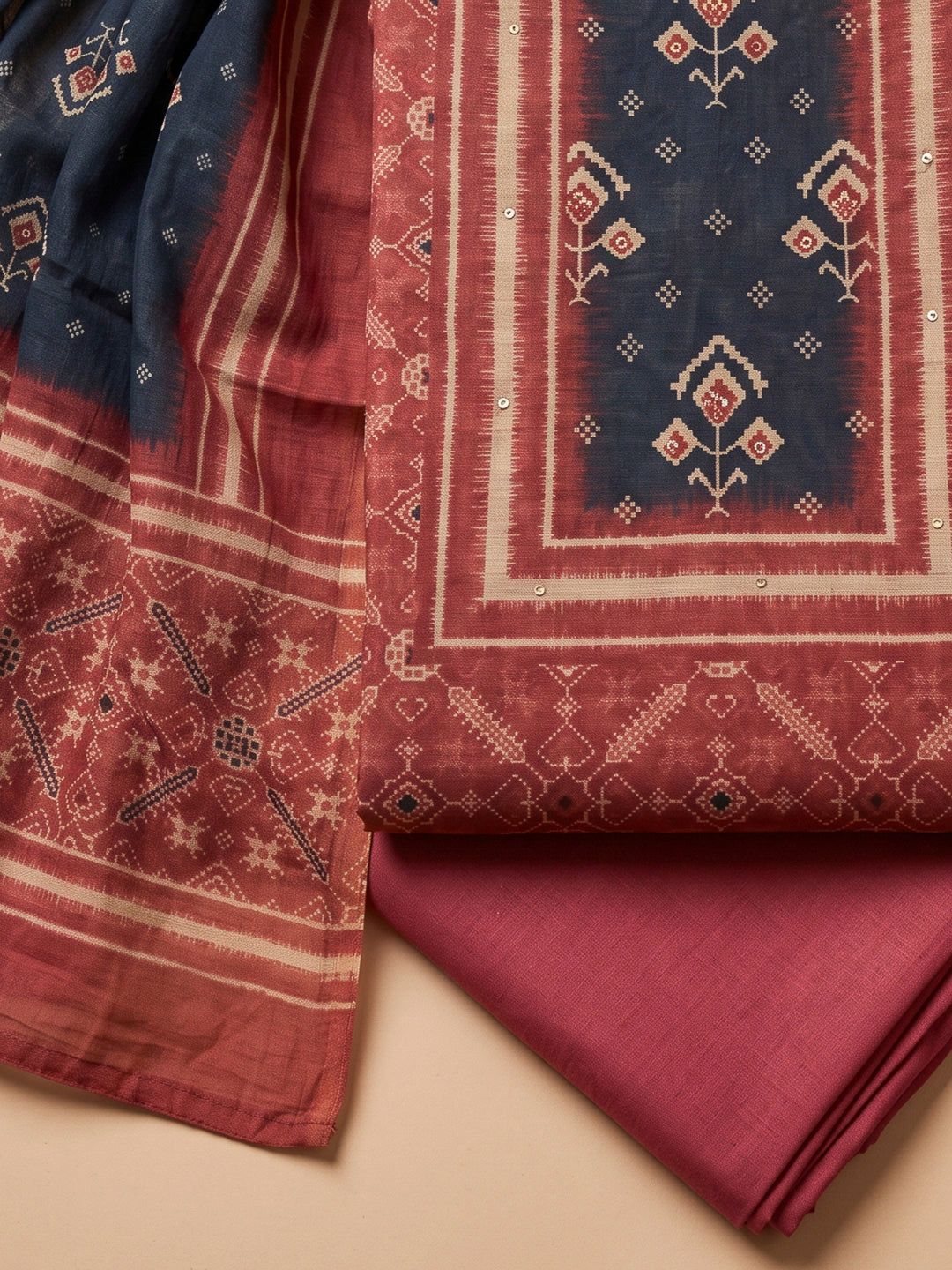 Onion Pink Chanderi Embroidered Unstitched Dress Material