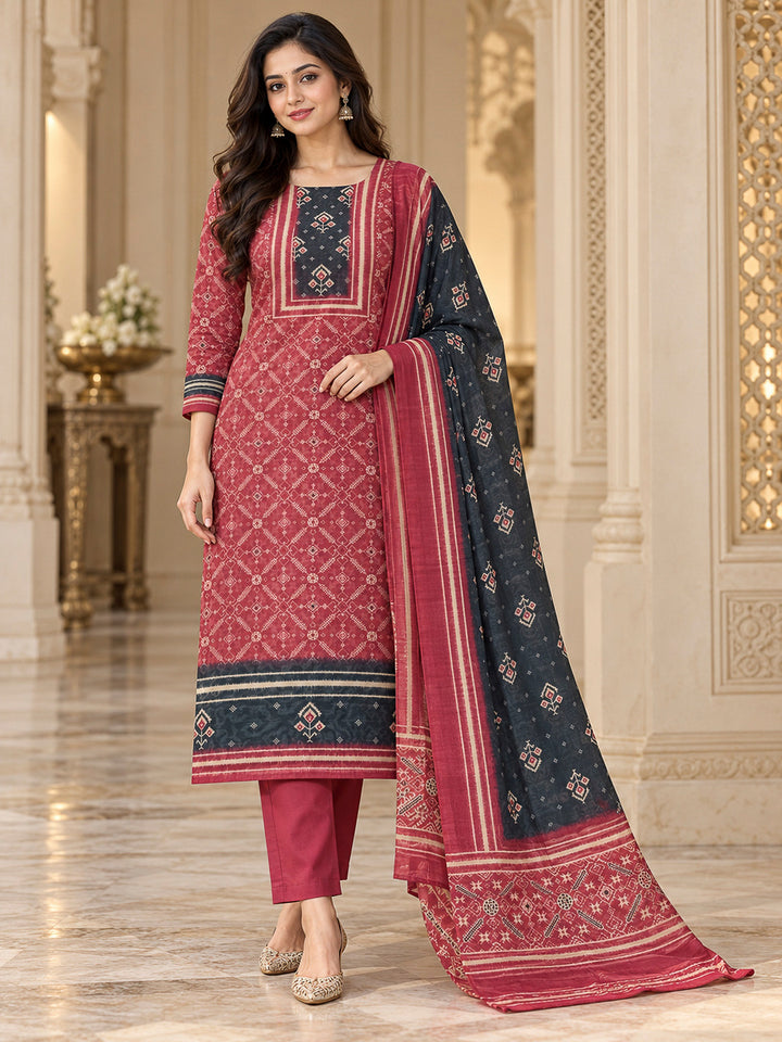 Pink Chanderi Embroidered Unstitched Dress Material