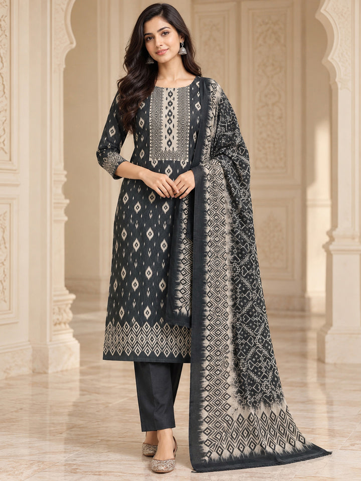 Black Chanderi Embroidered Unstitched Dress Material