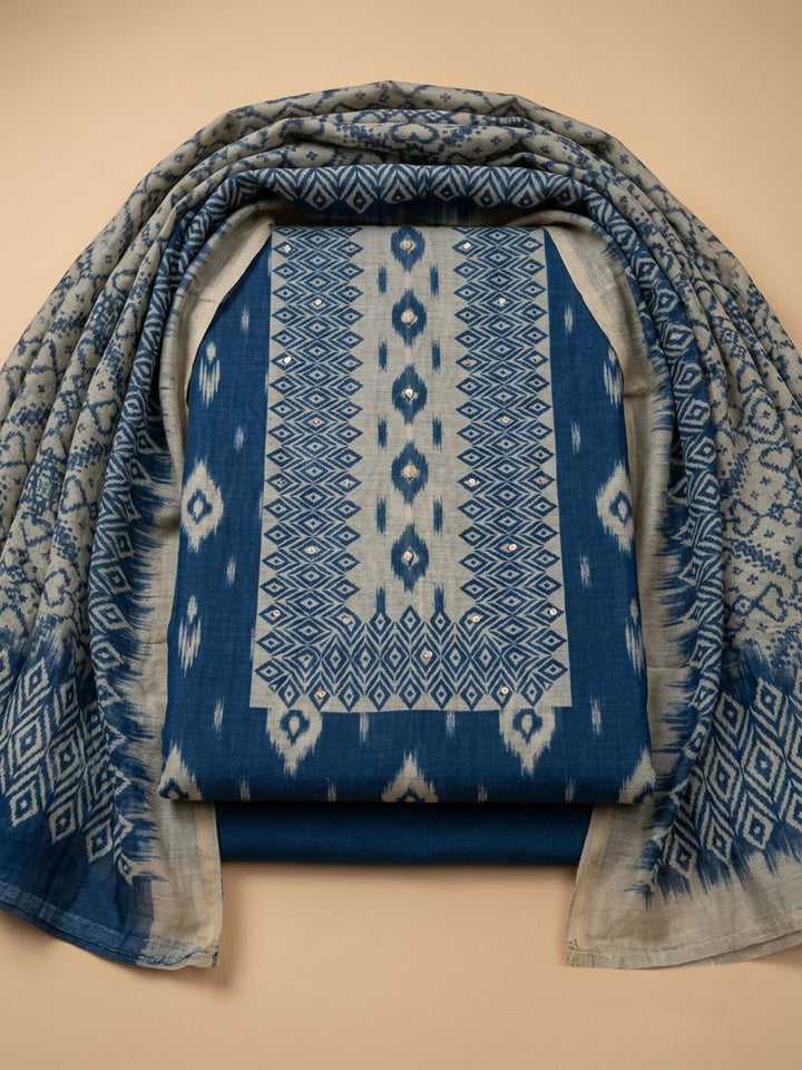 Blue Chanderi Embroidered Unstitched Dress Material