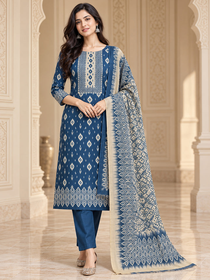 Blue Chanderi Embroidered Unstitched Dress Material
