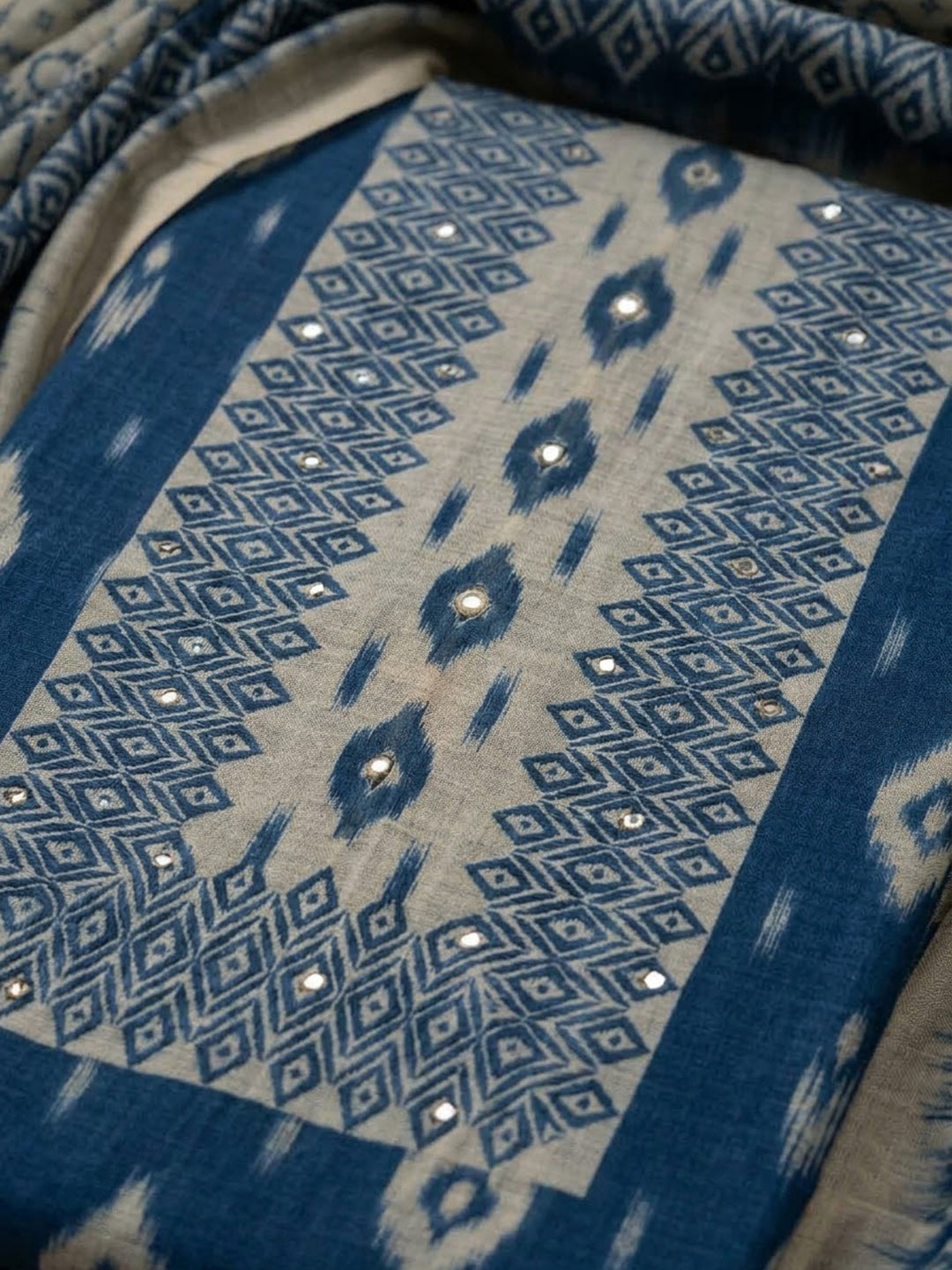 Blue Chanderi Embroidered Unstitched Dress Material