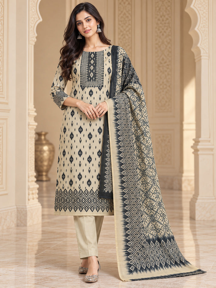 Off White Chanderi Embroidered Unstitched Dress Material