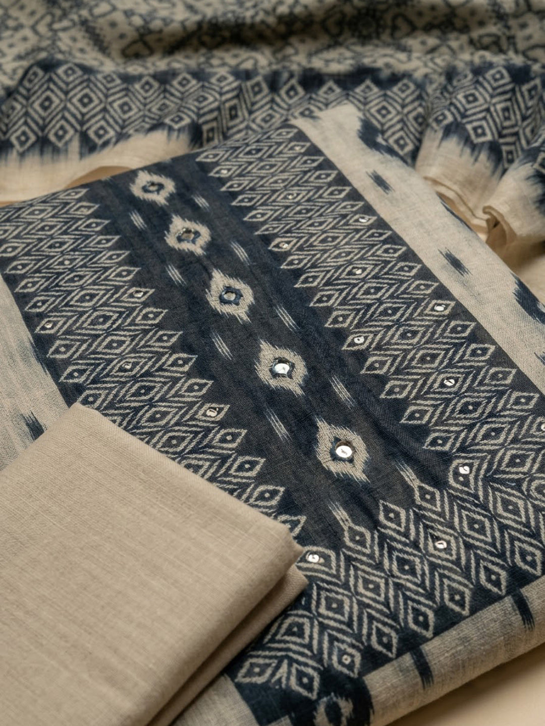 Off White Chanderi Embroidered Unstitched Dress Material