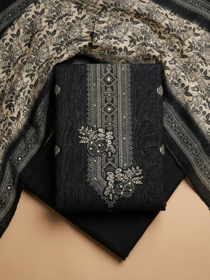 Black Chanderi Embroidered Unstitched Dress Material