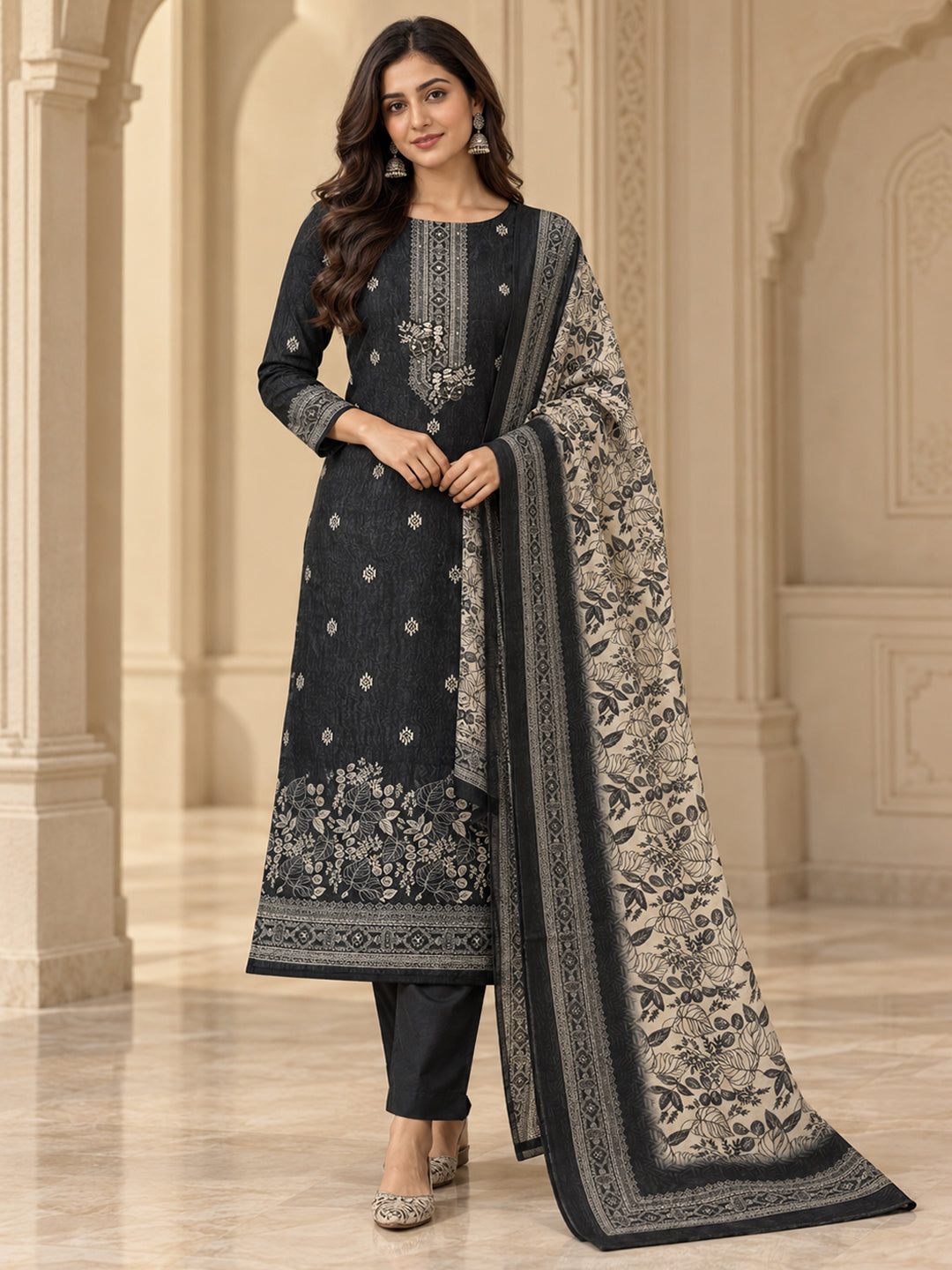 Black Chanderi Embroidered Unstitched Dress Material