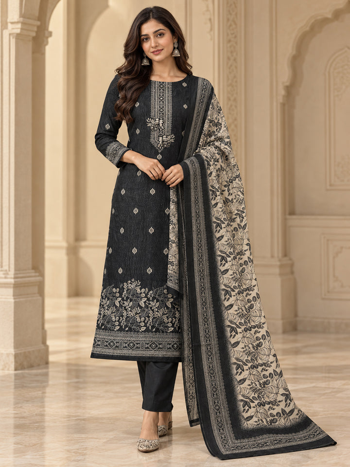 Black Chanderi Embroidered Unstitched Dress Material