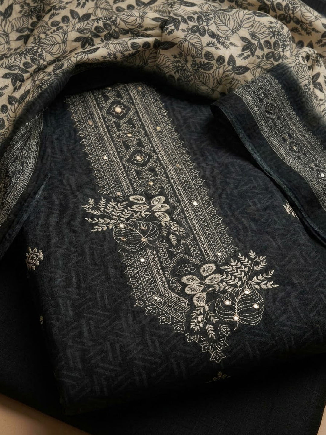 Black Chanderi Embroidered Unstitched Dress Material