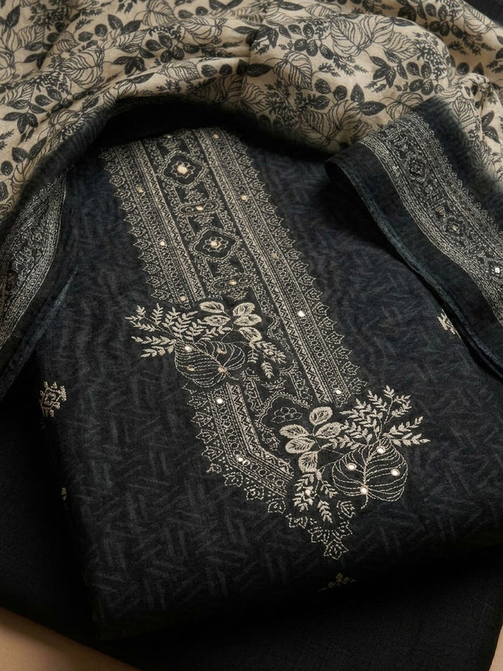 Black Chanderi Embroidered Unstitched Dress Material