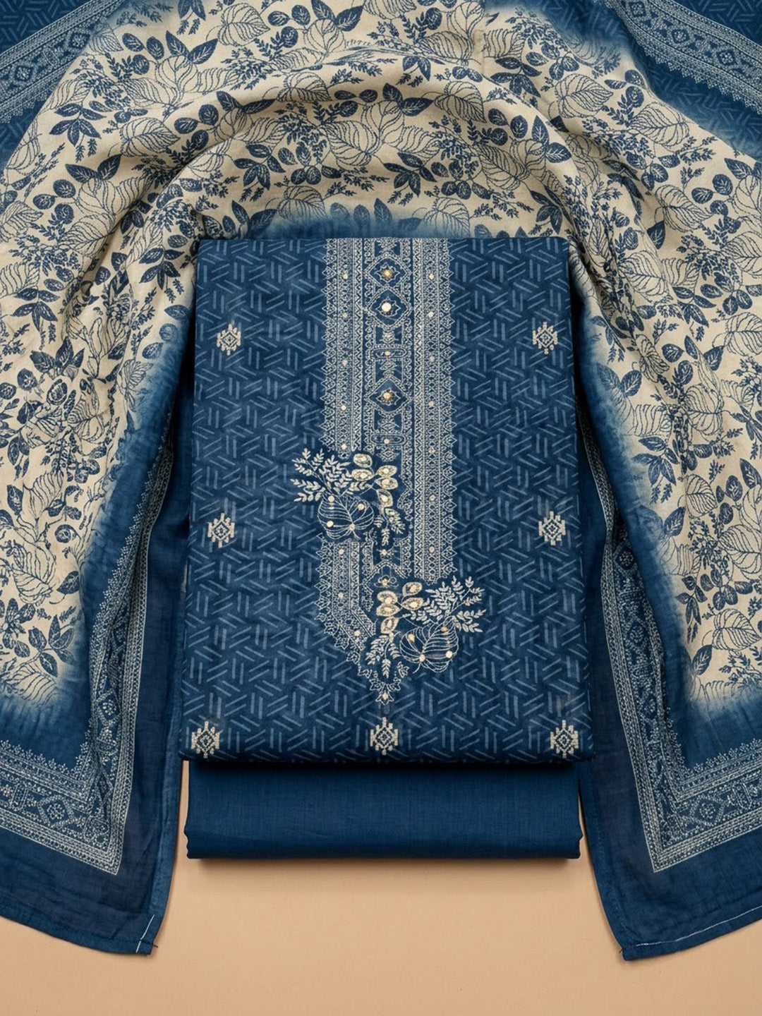 Blue Chanderi Embroidered Unstitched Dress Material
