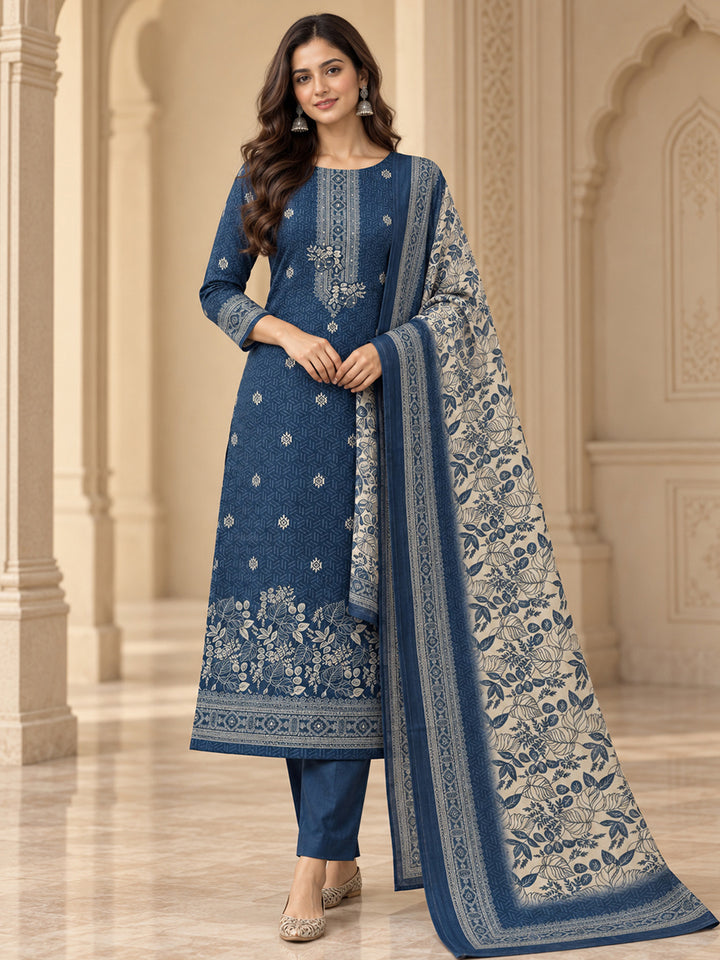 Blue Chanderi Embroidered Unstitched Dress Material