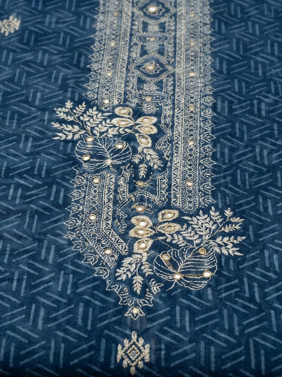 Blue Chanderi Embroidered Unstitched Dress Material