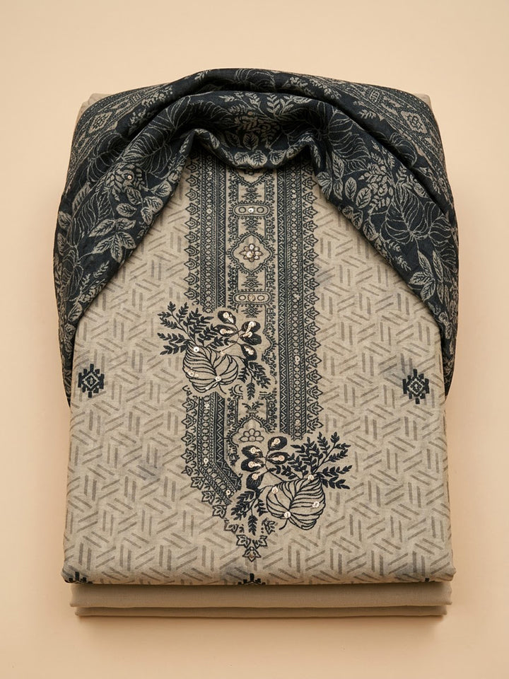 Off White Chanderi Embroidered Unstitched Dress Material