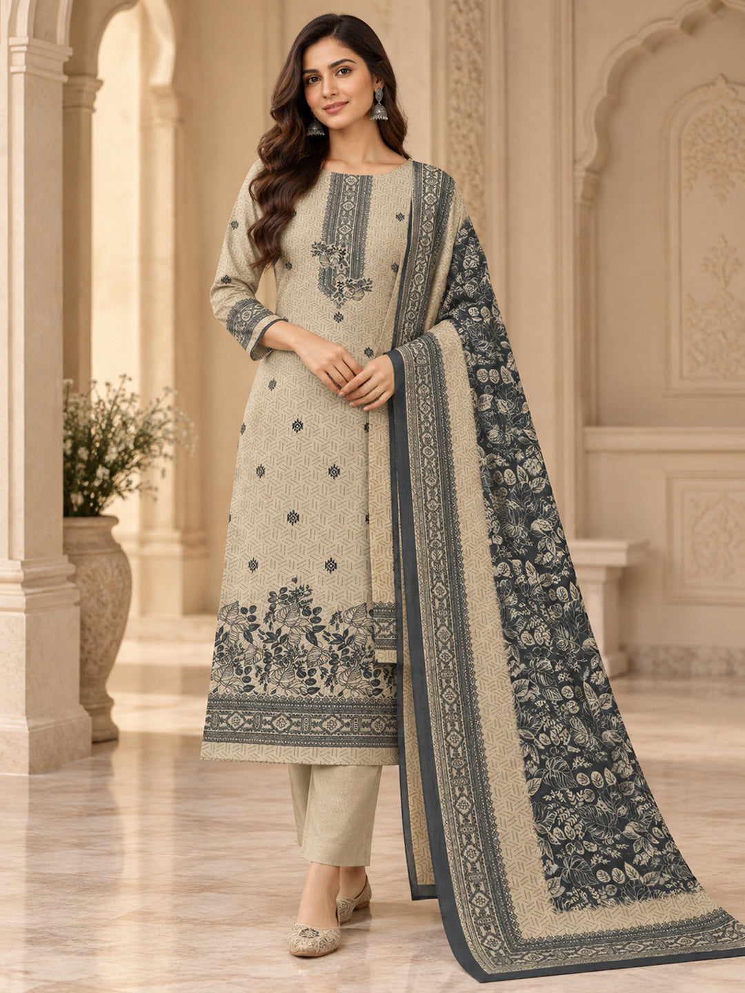 Off White Chanderi Embroidered Unstitched Dress Material