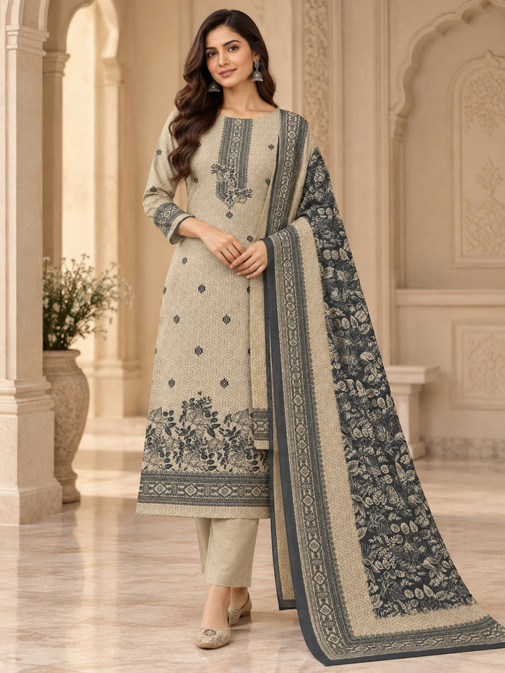 Off White Chanderi Embroidered Unstitched Dress Material