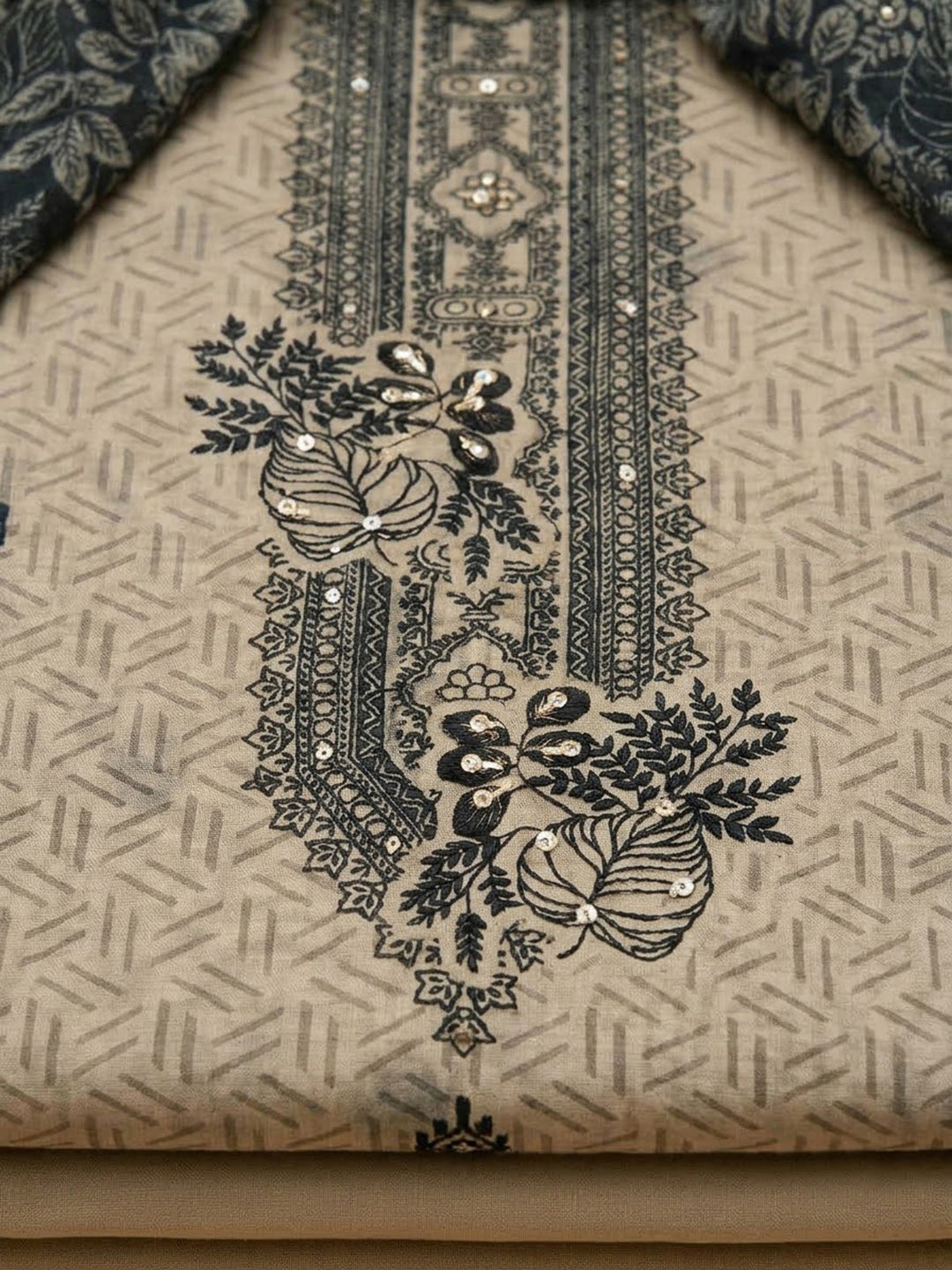 Off White Chanderi Embroidered Unstitched Dress Material