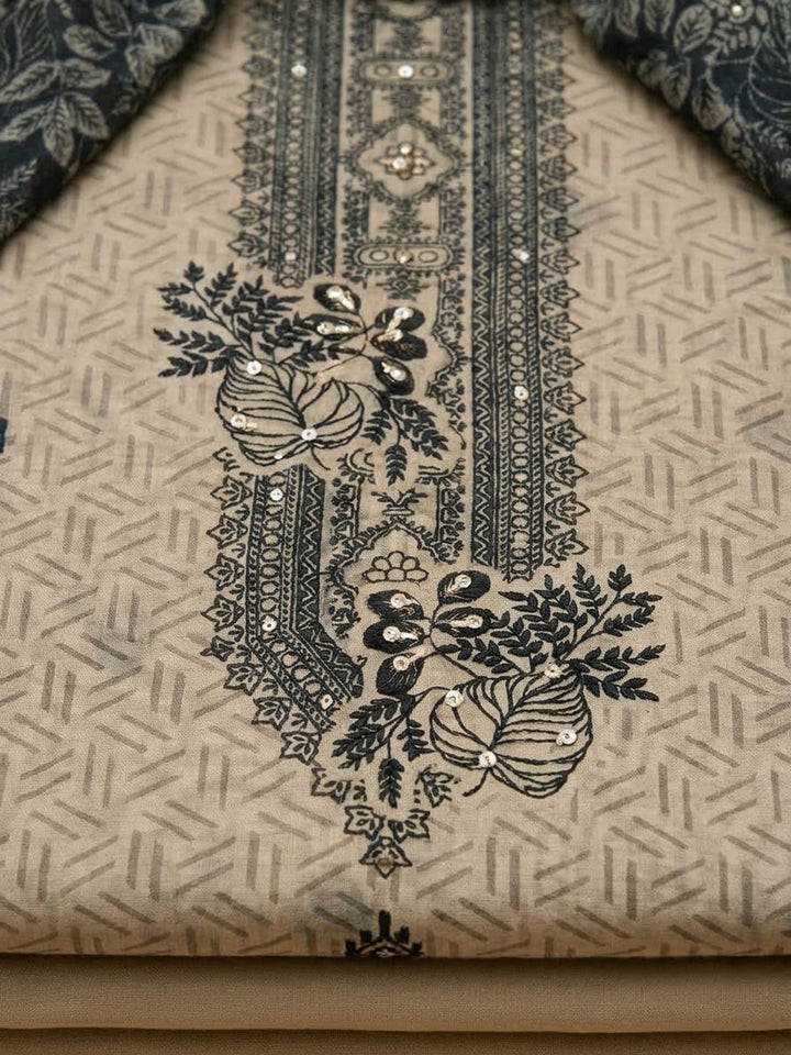 Off White Chanderi Embroidered Unstitched Dress Material