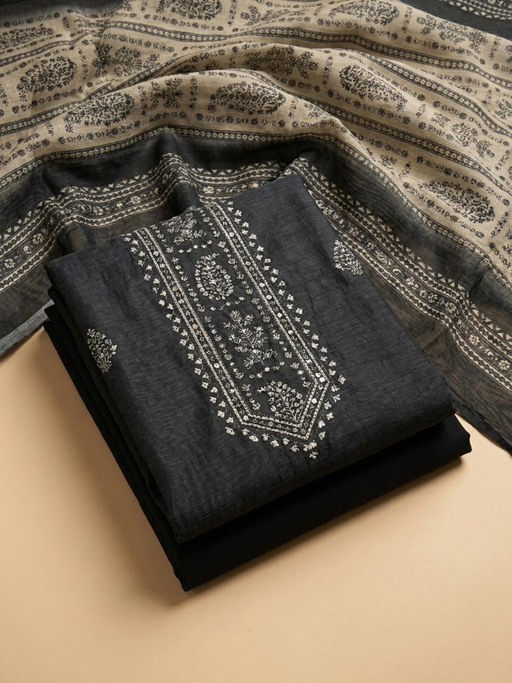 Black Chanderi Embroidered Unstitched Dress Material