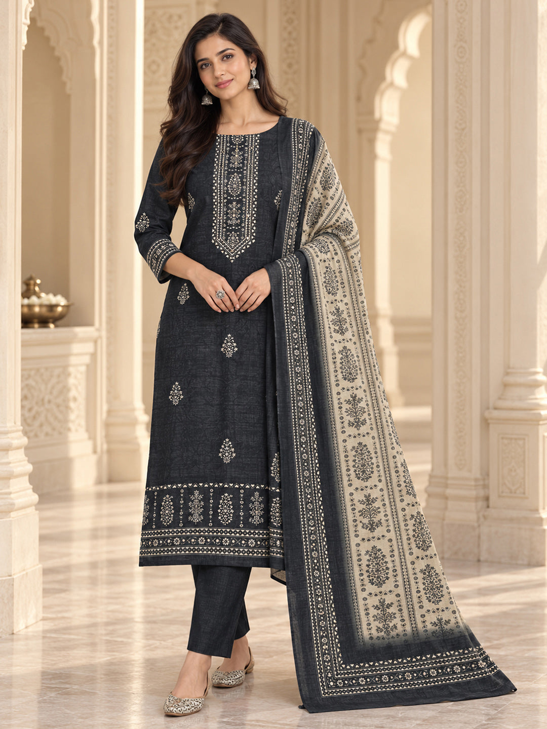 Black Chanderi Embroidered Unstitched Dress Material