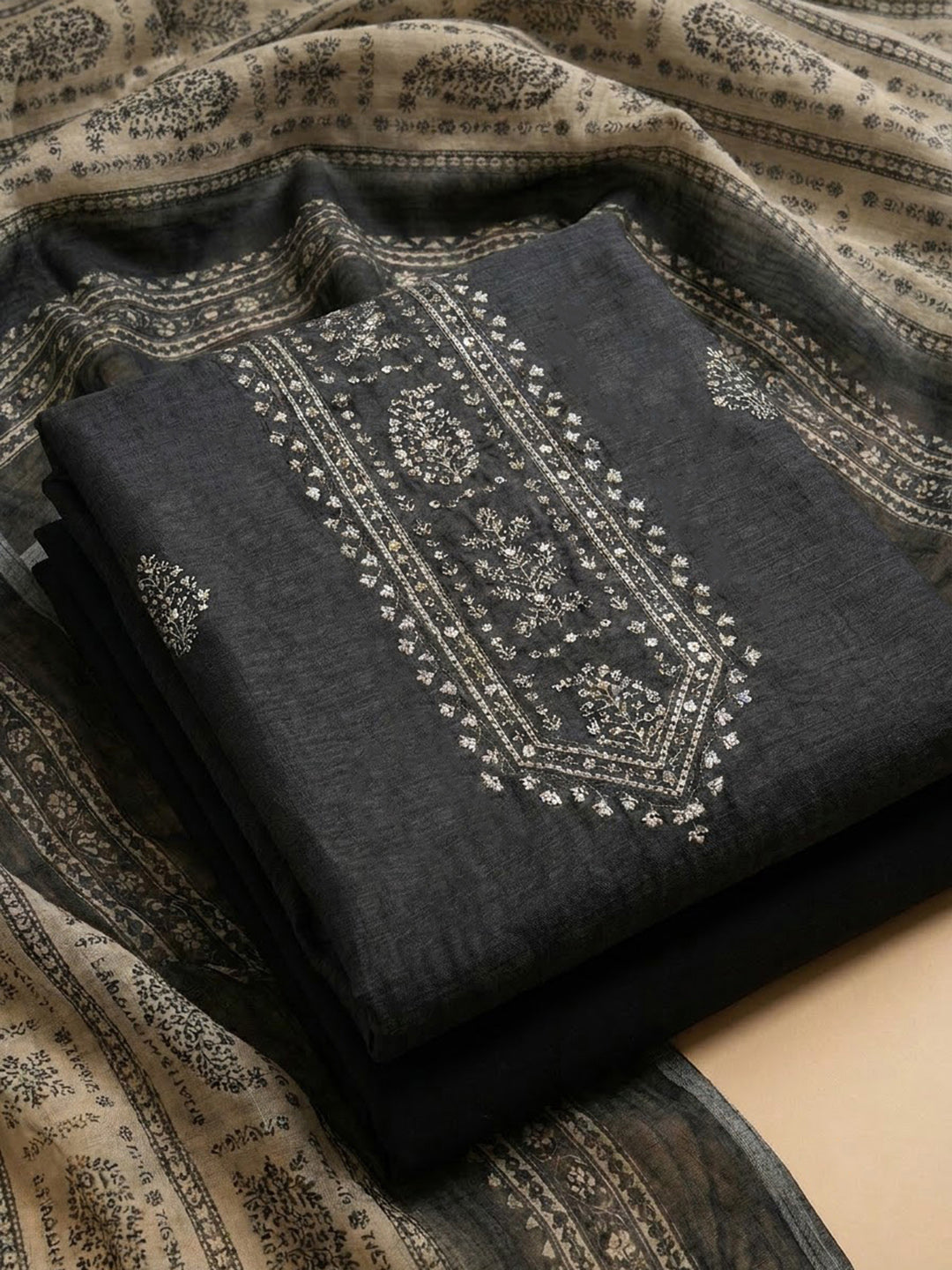 Black Chanderi Embroidered Unstitched Dress Material
