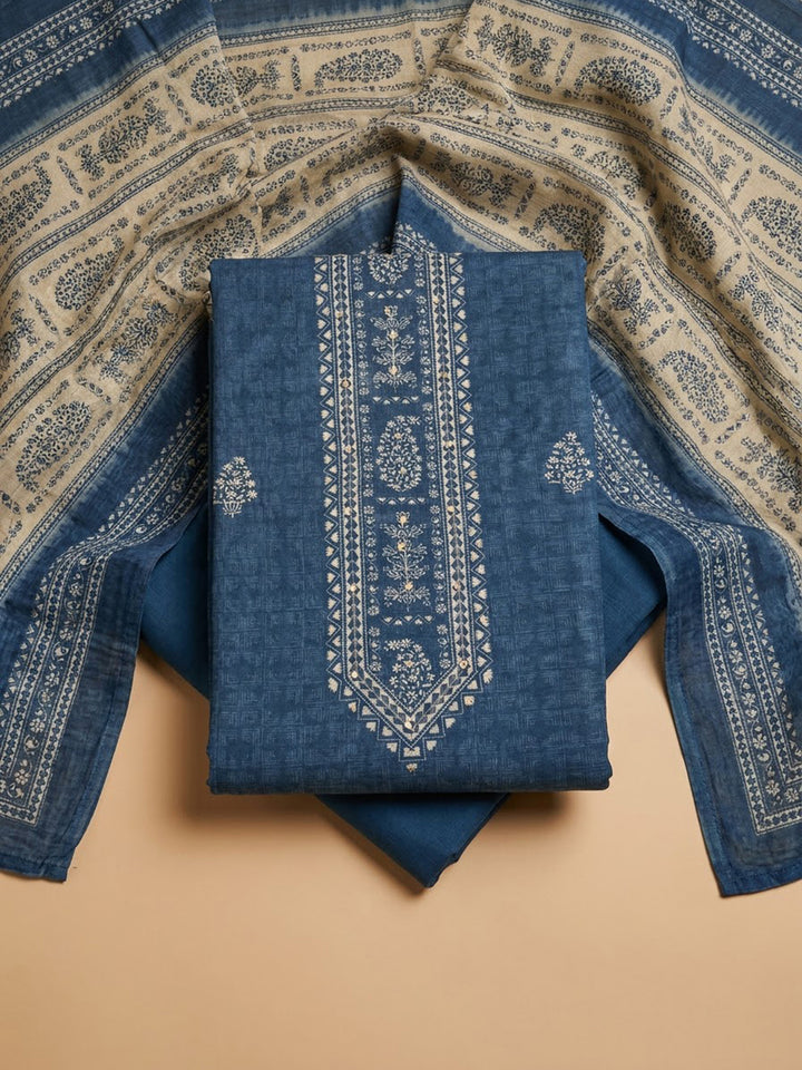 Blue Chanderi Embroidered Unstitched Dress Material
