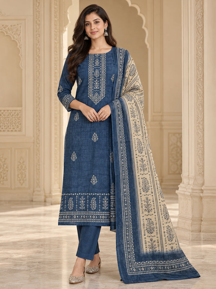 Blue Chanderi Embroidered Unstitched Dress Material