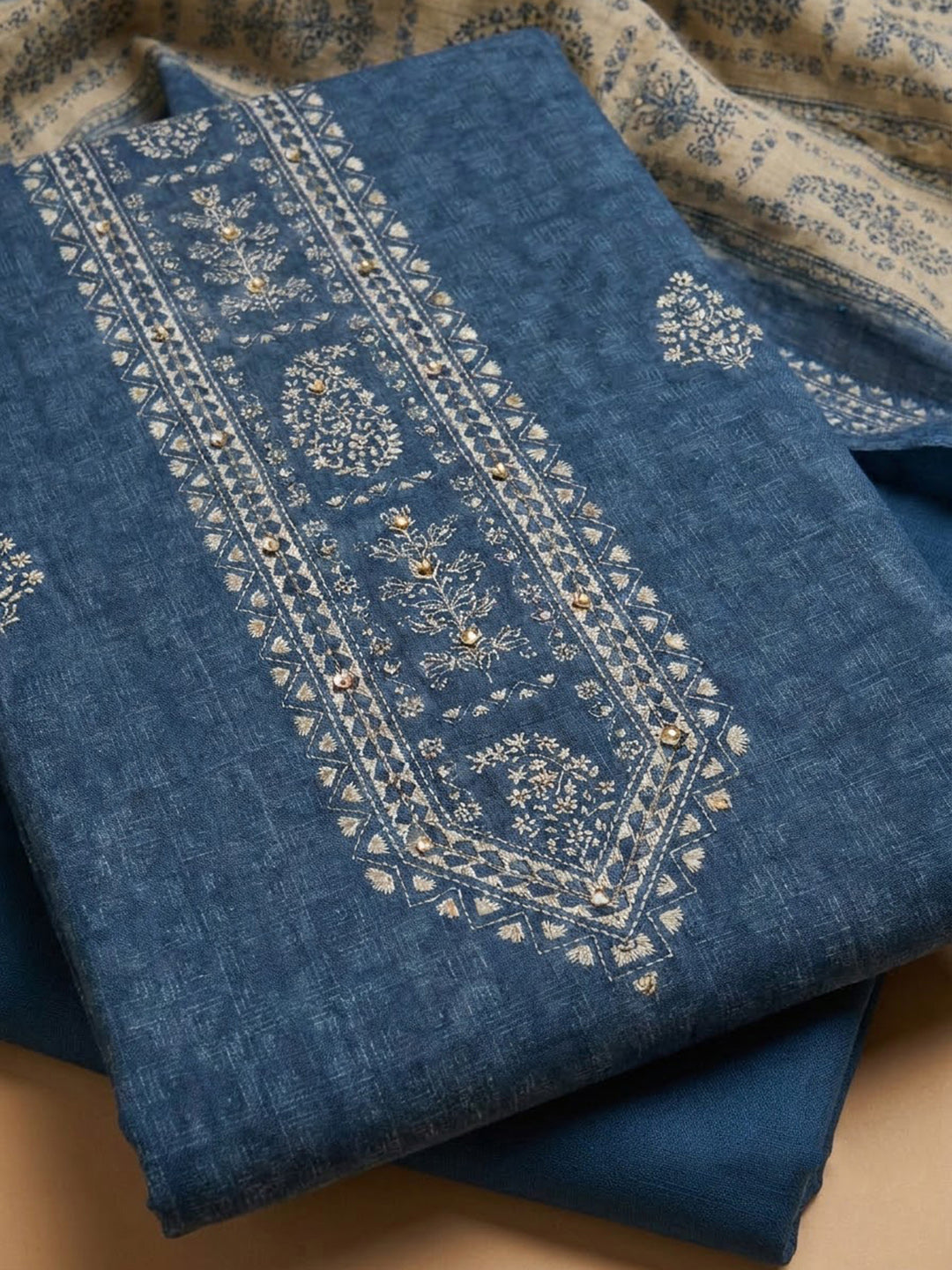 Blue Chanderi Embroidered Unstitched Dress Material