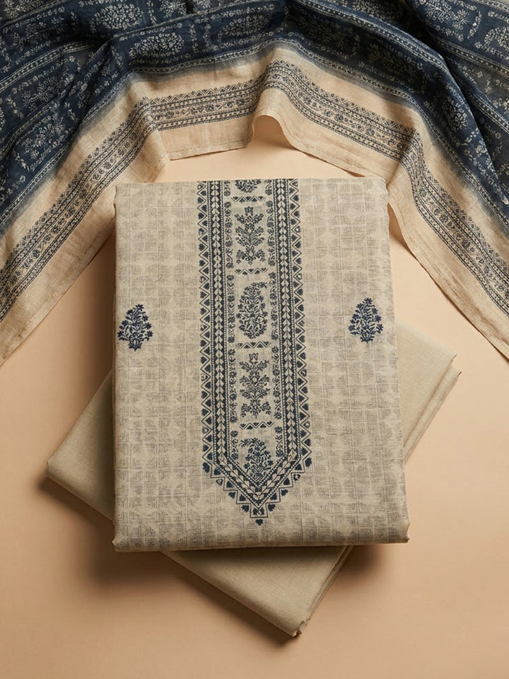 Off White Chanderi Embroidered Unstitched Dress Material