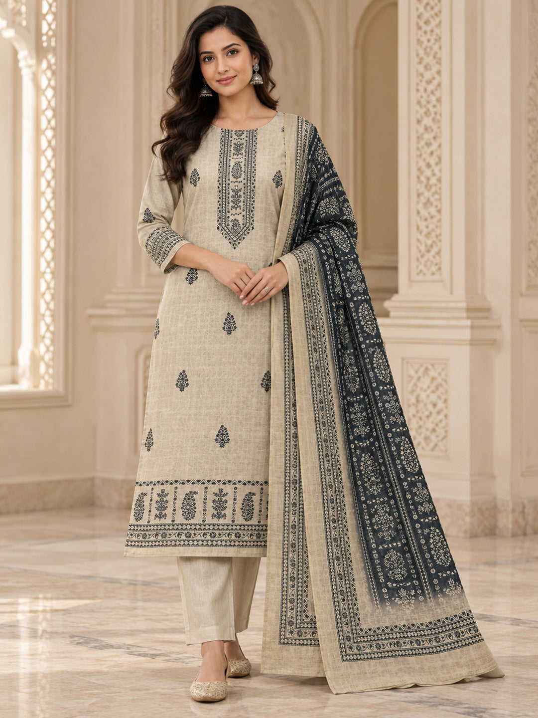 Off White Chanderi Embroidered Unstitched Dress Material