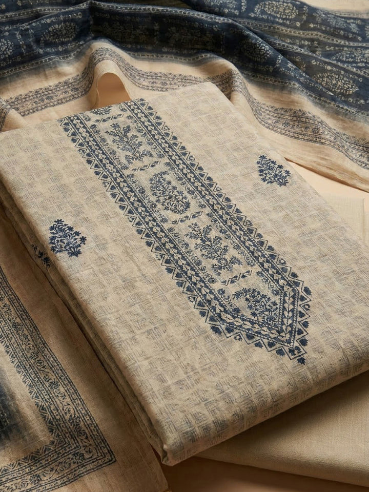 Off White Chanderi Embroidered Unstitched Dress Material