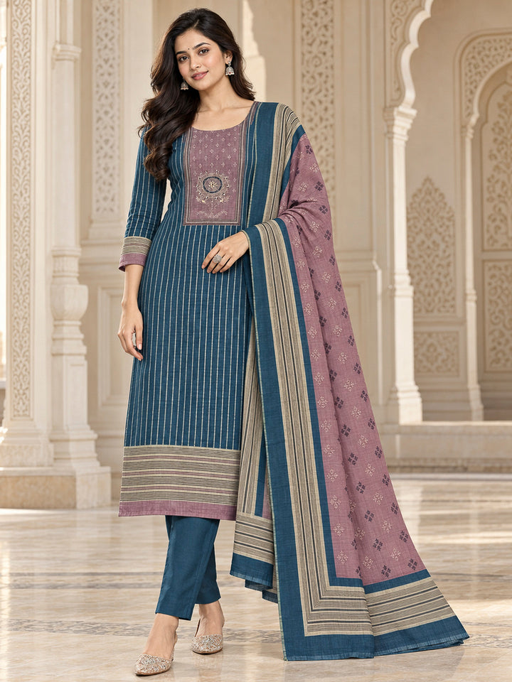 Blue Chanderi Embroidered Unstitched Dress Material