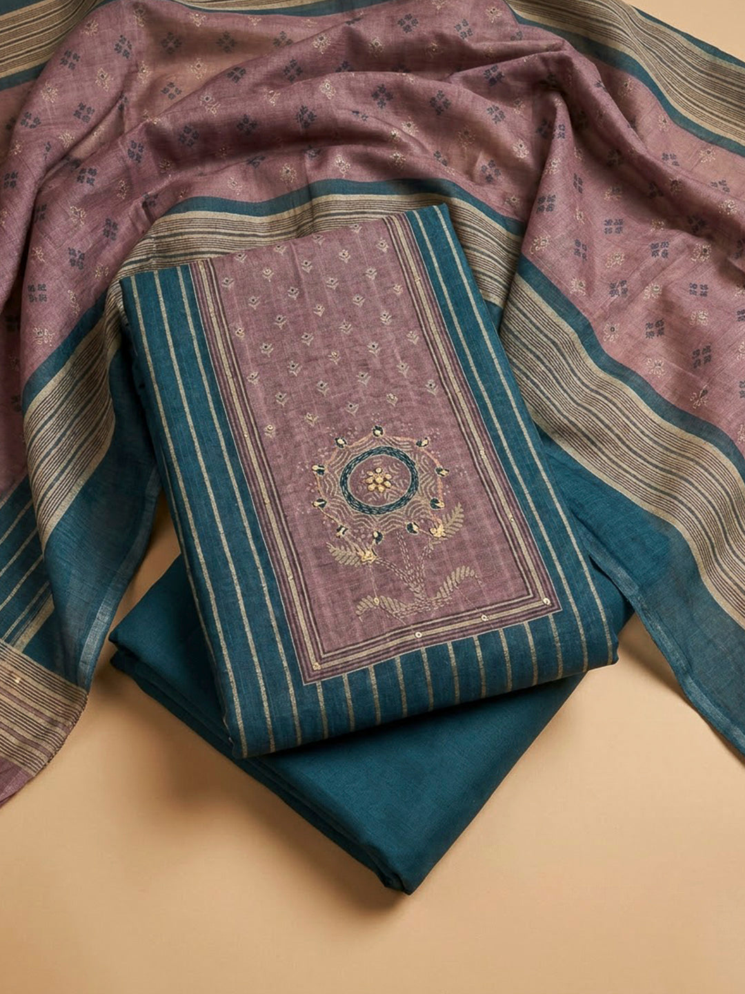 Blue Chanderi Embroidered Unstitched Dress Material